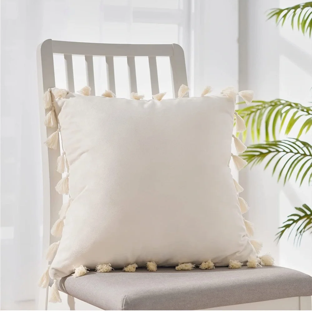 Luxury Home | Elegant Cream Luxe Soft Velvet Tassel Trim Throw Pillow Covers